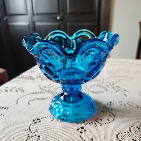 L.E. Smith Moon and Star Colonial Blue Scalloped Compote - Picture 1 of 6